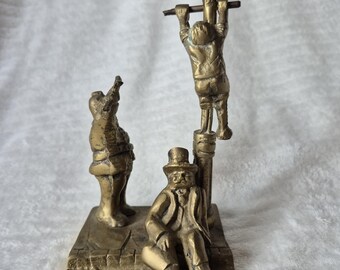 Heavy Vintage Solid Brass Sculpture: Street Lamp with Boy, Man, and Policeman. Victorian Style Brass Figurine British Collectible Decor