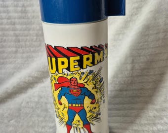 Vintage 1978 Superman Flask, Aladdin. DC Comics Collectible Flask, Retro 70s Man of Steel Memorabilia. Made in England Blue & White Plastic