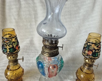 3 Vintage Pressed Glass Multicolour Glass Oil Lamps – Made in Hong Kong 1980s