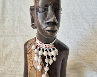 1990's Vintage Hand Carved African Tribal Women With Jewellery Solid Wood Ornament
