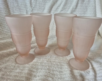 4 Vintage Indiana Glass Frosted Pink Parfait Cup | Retro Pink Satin Sundae Glass | Mid Century Milkshake Soda Fountain Footed Tumbler