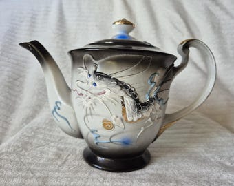 Japanese Moriage Dragonware Vintage Porcelain Teapot With Hand Painted Embossed Dragon
