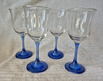 4 Cobalt Blue Stemmed Champagne / Wine Crystal Handmade Glasses