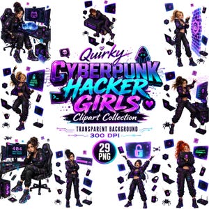 Peut inclure: Une collection de cliparts numériques intitulée Quirky Cyberpunk Hacker Girls comprenant 29 fichiers PNG avec des arrière-plans transparents. L'ensemble inclut diverses illustrations de personnages en tenue tech sombre et icônes néon.
