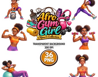 Clipart-Bundle „Afro Gym Girl“, Fitness-Frau (PNG), Humorvolle Fitnessstudio-Illustration, Sport-Frau (Clipart), Fitness-Girl (PNG)
