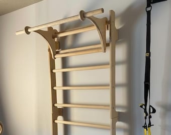 Wooden Swedish gymnastic ladder with a dip rail and a removable pull-up bar - a home calisthenics set