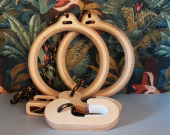 Wooden gymnastic rings, easy to install on hooks, diameter 25cm, with rope and full adjustment