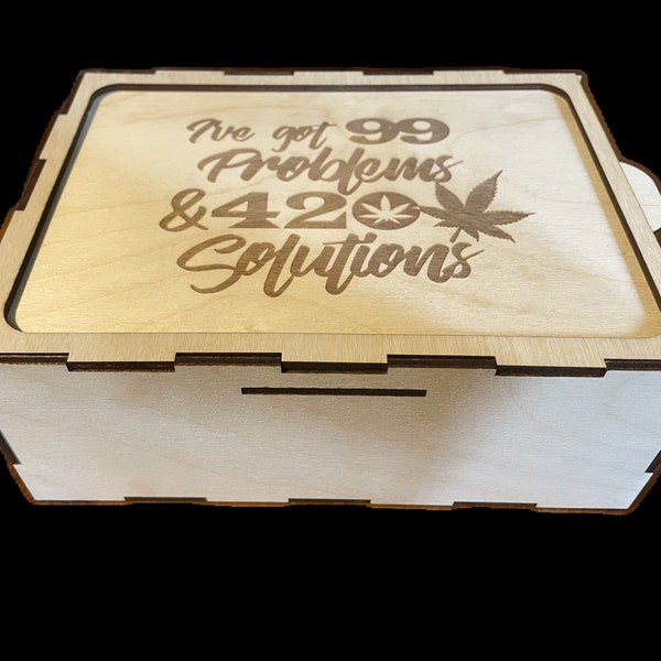 Stash Box w/ Built-In Rolling Tray-Top Reads "I've got 99 Problems & 420 Solutions" - 200mmx150mmx75mm (approx. 8"x6"x3")