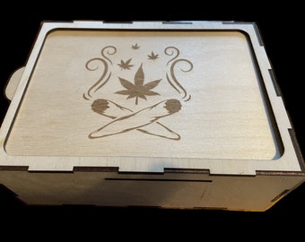 Stash Box w/ Built-In Rolling Tray-Top - Crossed Smoking Jays Logo - 200mmx150mmx75mm (approx. 8"x6"x3")