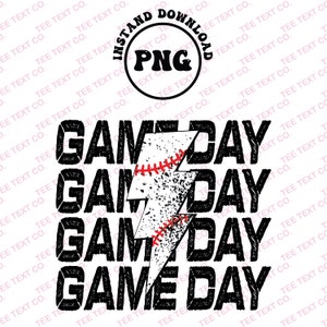 Game Day Baseball Png, Baseball Png  Digital File Stacked, Distressed Lightning, Bolt Printable Waterslide Iron On T-Shirt Sublimation
