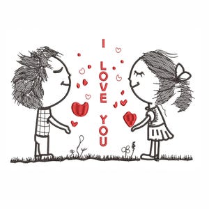 Disegno ricamo macchina amore. 4 misure. Disegno ricamo romantico. Disegno ricamo coppia carina. Disegno ricamo San Valentino.