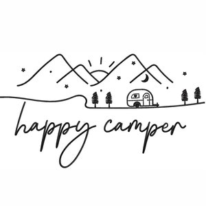 May include: Black and white line art illustration of a camper van in front of mountains with a sun and moon in the sky. The text "happy camper" is written below the image.