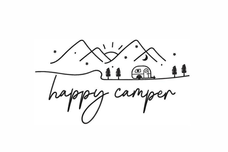 May include: Black and white line art illustration of a camper van in front of mountains with a sun and moon in the sky. The text "happy camper" is written below the image.