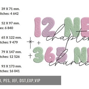 K&ouml;nnte beinhalten: Ein gesticktes Design mit den Worten "12 NEW chapters" und "365 NEW chances" in Pastellfarben. Das Design enth&auml;lt Ma&szlig;e in Zoll und Millimetern, Stichzahlen und Dateitypinformationen.