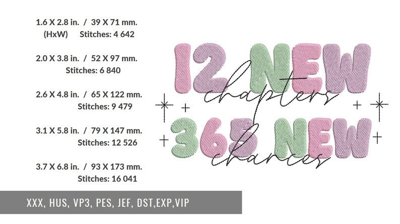 K&ouml;nnte beinhalten: Ein gesticktes Design mit den Worten "12 NEW chapters" und "365 NEW chances" in Pastellfarben. Das Design enth&auml;lt Ma&szlig;e in Zoll und Millimetern, Stichzahlen und Dateitypinformationen.