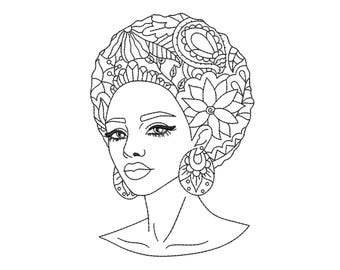 Ethnic Woman Portrait Machine Embroidery Design 4 Sizes. Afro Beauty with Floral Hair Embroidery. Digital Line Art for Clothing and Decor