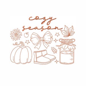May include: An illustration with the words "cozy season" in a cursive font. The image features a pumpkin, boots, a bow, a jar of honey, leaves, stars, a flower, and an apple, all in a warm, autumnal colour.
