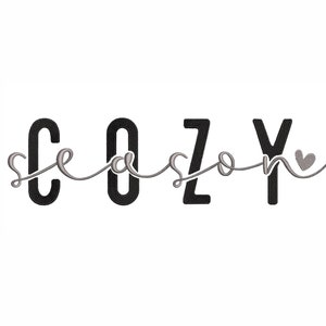 May include: Black text that reads "COZY season" with a gray heart and a gray cursive "season" intertwined with the letters.