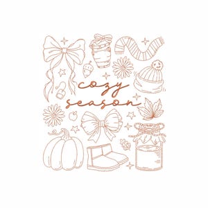 May include: A collection of fall-themed illustrations in a warm brown color, including a pumpkin, bows, boots, a scarf, a hat, and a jar of honey. The words "cozy season" are written in cursive script.