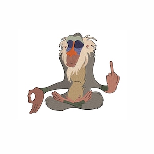 May include: Embroidered design of a cartoon baboon in a meditative pose, with one finger raised. The baboon has a grey body, a white beard, and a red-orange nose. The design is on a white background.