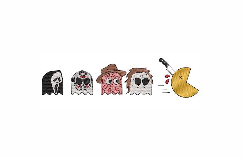 Może przedstawiać: Ż&oacute;łty Pac-Man z czerwoną literą X na twarzy jest ścigany przez cztery duchy. Duchy noszą maski z film&oacute;w grozy, w tym Ghostface, Jason Voorhees, Freddy Krueger i Michael Myers. N&oacute;ż wystaje z boku Pac-Mana.