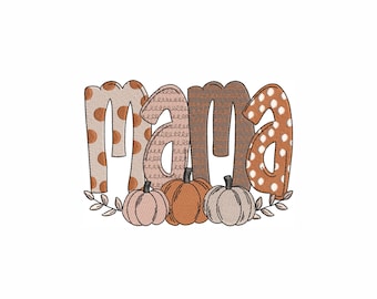 May include: Embroidered design of the word "mama" in brown, pink, and white with a polka dot pattern. The word is surrounded by a wreath of leaves and three pumpkins in shades of brown, pink, and white.