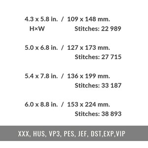 May include: A list of four embroidery design sizes in inches and millimeters with corresponding stitch counts: 4.3 x 5.8 in. (109 x 148 mm) at 22,989 stitches, 5.0 x 6.8 in. (127 x 173 mm) at 27,715 stitches, 5.4 x 7.8 in. (136 x 199 mm) at 33,187 stitches, and 6.0 x 8.8 in. (153 x 224 mm) at 38,893 stitches, followed by file formats XXX, HUS, VP3, PES, JEF, DST, EXP, and VIP.