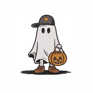Ghost in a Cap Machine Embroidery Design. 3 Sizes. Halloween Ghost Embroidery Design. Ghost With a Pumpkin Embroidery Design.