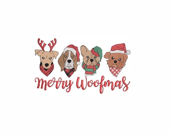 Merry Woofmas Embroidery Design. 5 Sizes. Christmas Dogs Machine Embroidery Design. Dog Lover Embroidery Design. Funny Dog Embroidery Design