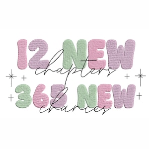 K&ouml;nnte beinhalten: Auf wei&szlig;em Hintergrund steht der Text "12 NEUE Kapitel" und "365 NEUE Chancen" in Pastellfarben. Die Zahlen und W&ouml;rter sind in einer Bubble-Schriftart gehalten, wobei die W&ouml;rter "Kapitel" und "Chancen" kursiv geschrieben sind.