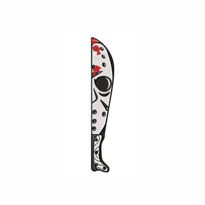 May include: A black and white illustration of a hockey mask with red blood splatters on the blade of a knife.