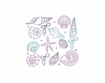 Coquette Seashell Maschinenstickdatei. 7 Größen. Retro Sommer Stickdatei. Summer Vibes Stickdatei. Mädchen Reise Stickerei.
