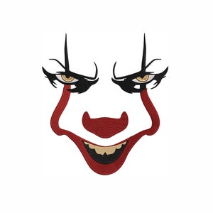 May include: A close-up of a scary clown face with red and black makeup. The clown has a wide, toothy grin and yellow eyes.