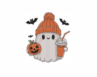 Ghost With Coffee Machine Embroidery Design. 4 Sizes. Ghost With Pumpkin Embroidery Design. Ghost Holding Coffee Embroidery.
