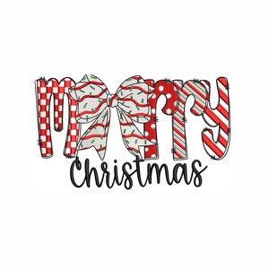 Pode incluir: Texto "Feliz Natal" em vermelho e branco com um grande laço no centro.