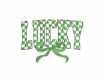 May include: Green and white checkered word "LUCKY" with a green bow in the center.
