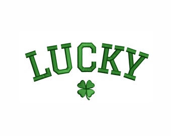 May include: Green text that reads "LUCKY" in a bold, blocky font. A green four-leaf clover is centered below the text.