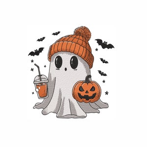 Ghost With Coffee and Pumkin Machine Embroidery Design. 4 Sizes. Ghost With Pumpkin Embroidery Design. Cute Ghost Embroidery.