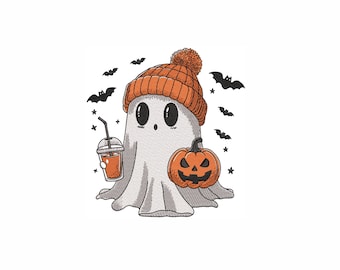 Ghost With Coffee and Pumkin Machine Embroidery Design. 4 Sizes. Ghost With Pumpkin Embroidery Design. Cute Ghost Embroidery.