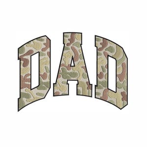 May include: The word "DAD" in a curved, arched design. The letters are filled with a camouflage pattern in shades of green, brown, and tan, outlined in black. The background is plain white.