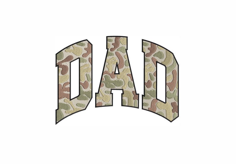May include: The word "DAD" in a curved, arched design. The letters are filled with a camouflage pattern in shades of green, brown, and tan, outlined in black. The background is plain white.