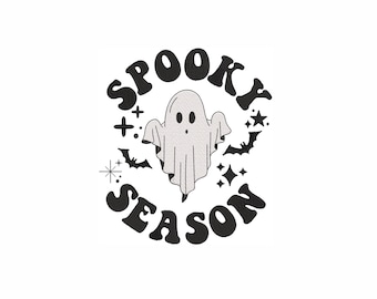 Griezelig seizoen machineborduurontwerp. 6 maten. Ghost Vibes-borduurontwerp. Halloween-borduurontwerp. Retro Halloween-borduurwerk.