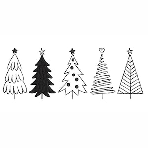 May include: Six black and white line drawings of Christmas trees with different styles. Each tree has a star on top.