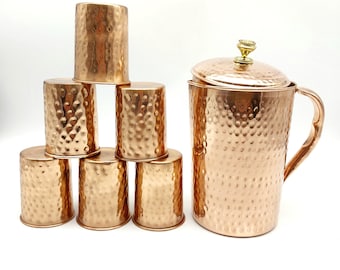 100% Pure Copper Jug with 6 Glass Copper Tumbler Glass Set Ayurveda Yoga Health Benefits Handmade Jug For Drinking Water