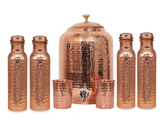 5 Litre Hammered Copper Water Dispenser (Matka/Pot) Container Pot with Stand glass & Copper Bottle ,Pure Copper Ayurvedic Benefits(5000 ml)