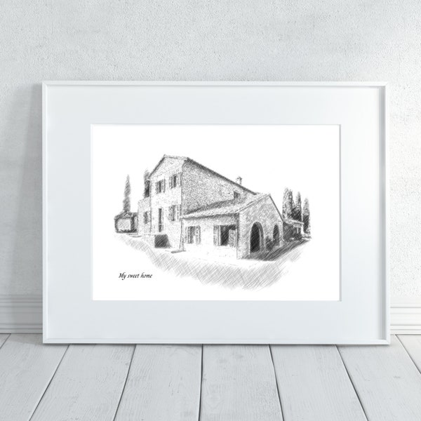 Portrait maison personnalisé à partir de photo, croquis noir et blanc, croquis maison personnalisé, dessin maison personnalisé, cadeau de pendaison de crémaillère, premier cadeau personnalisé maison