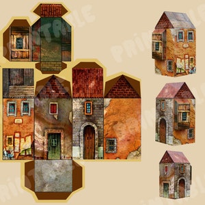 May include: A printable paper model of a small, multi-level building with a brown, red and grey colour scheme. The model is made up of several pieces that can be assembled to create a three-dimensional structure.