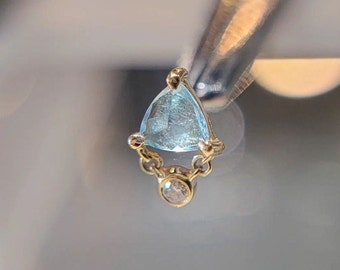 14K Solid Gold aquamarine Chained Dangle Earring,Aquamarine Cartilage Earring,Helix Chain Stud,Conch Tragus Earring,Dainty Flat Back Earring
