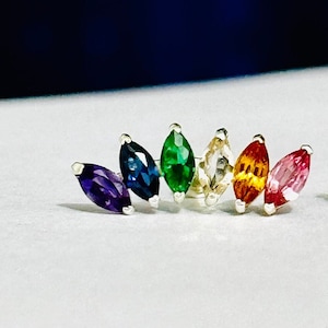 14K Solid Gold Marquise Sapphire Ear Climber Blue Topaz Cartilage Earring Helix Stud rainbow sapphire Conch Piercing Flat Back Earring
