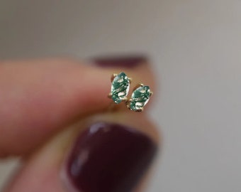 14K Gold Marquise Moss Agate Earring Tiny Marquise Cartilage Earring Helix Stud Threadless Push Pin Stud Tragus Stud Flat Back Earring